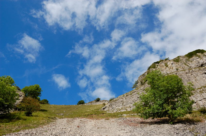 Looking up a scree slope in Lathkill Dale to the limestone escarpment that overlooks much of the dale in this area